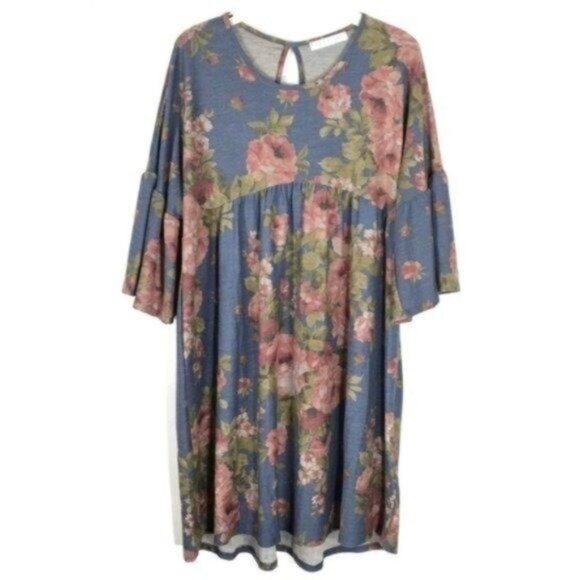 Blue Floral Baby Doll Dress Women Medium Bell Sleeve  Cottagecore Relaxed Fit - Picture 5 of 7